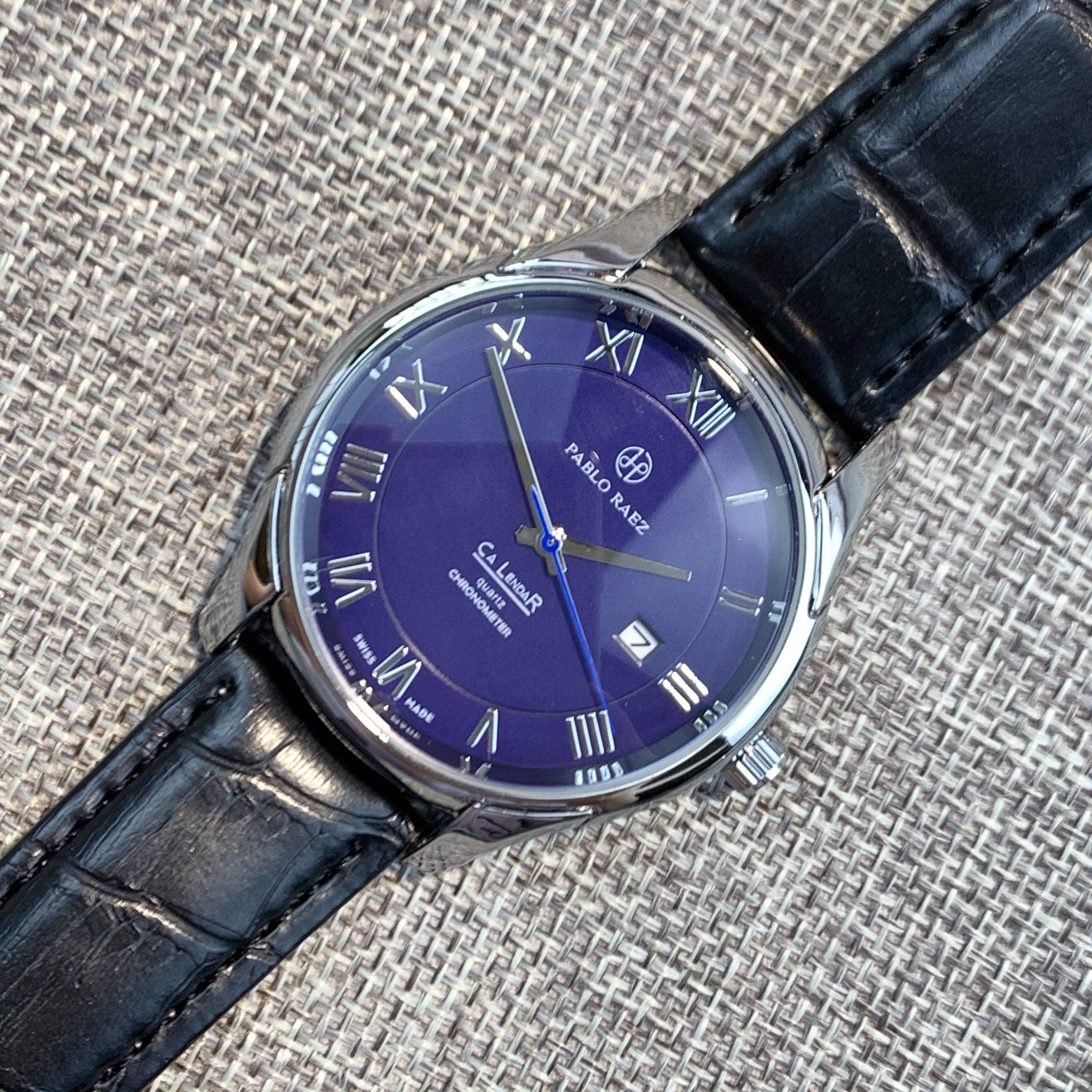 男士时尚休闲皮带腕表蓝色表盘罗马刻度日历商务国产腕表