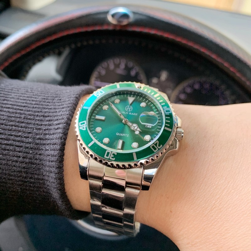 pablo raez黑绿水鬼经典男士防水表潮流单品商务运动石英腕表包邮