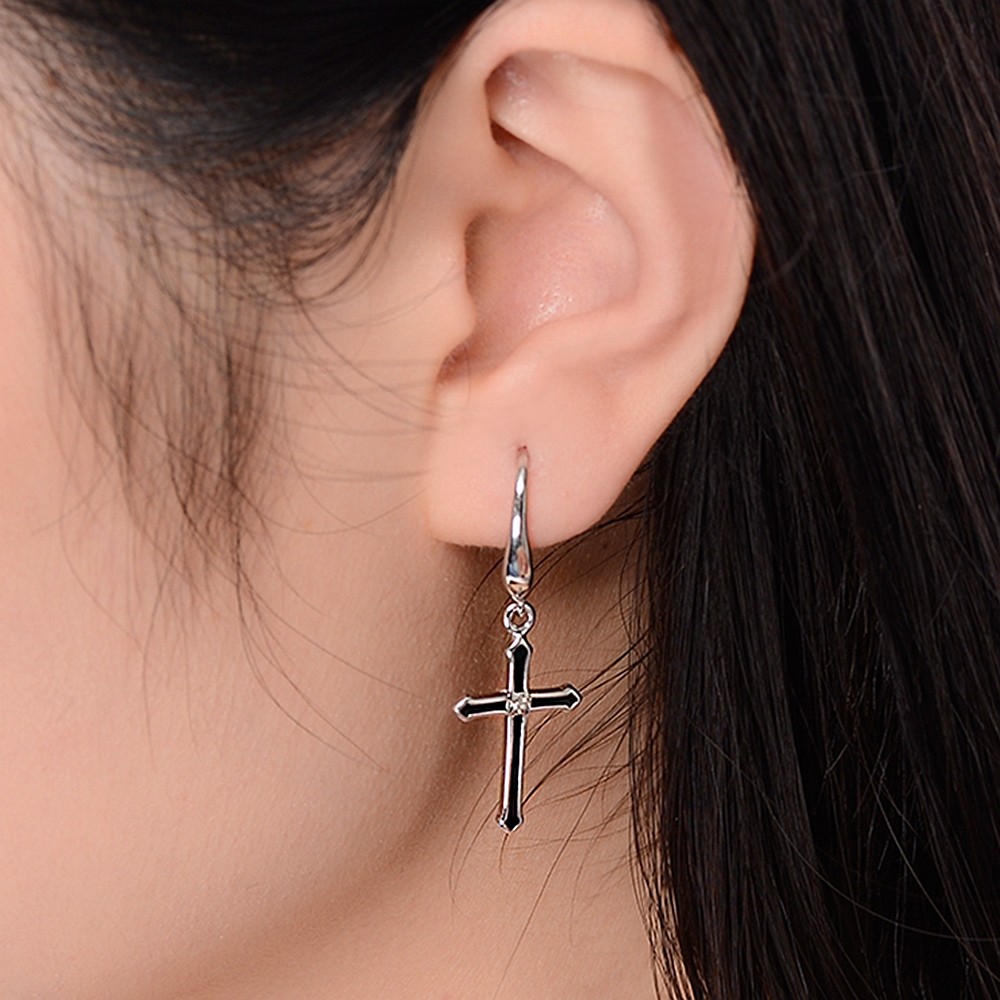 耳环纯正通体纯银黑色十字架男女s925银镀白金耳环