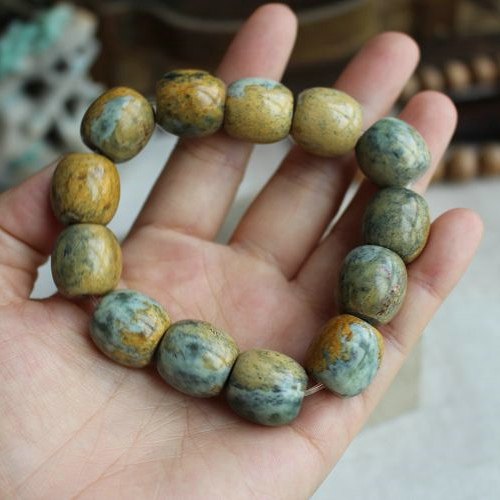 天然玉石保真和田玉河磨籽水草花黄沁色桶手链手链