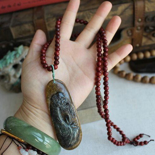 天然玉石保真和田玉河磨籽皮子手工雕刻达摩项链