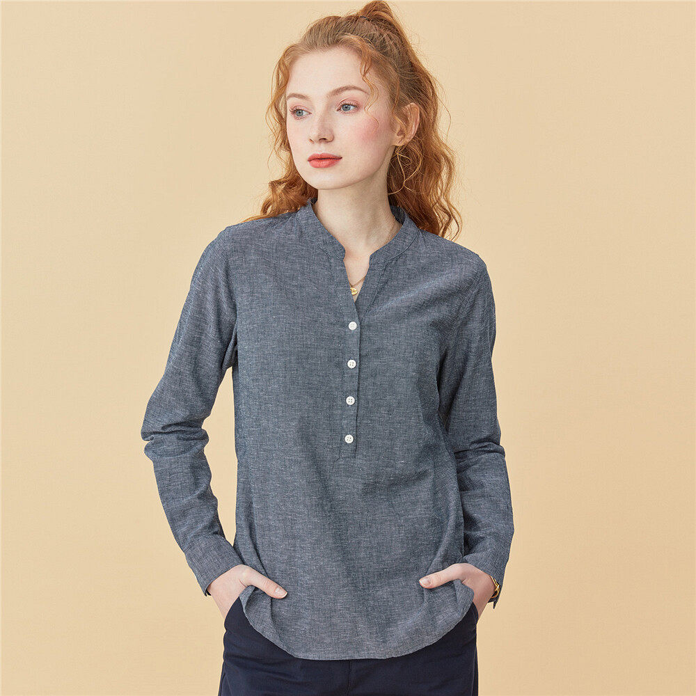 佐丹奴女衬衫纽扣半开衫天然亚麻棉v领半开胸长袖女衬衣05340487