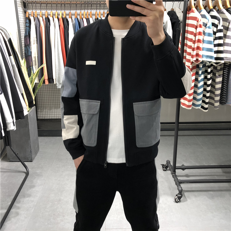 冬季新款棒球领外套男青年帅气休闲男士夹克衫贴布撞色个性上衣潮