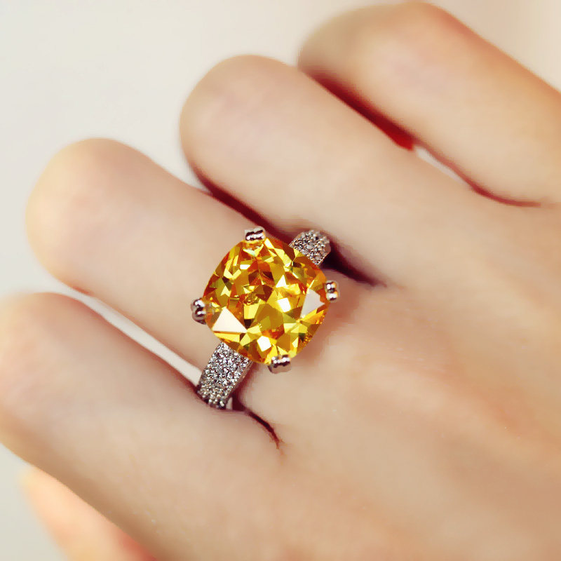 超大方形黄钻戒指镀白金裸钻黄水晶微镶气质锆石仿真钻情人节礼物