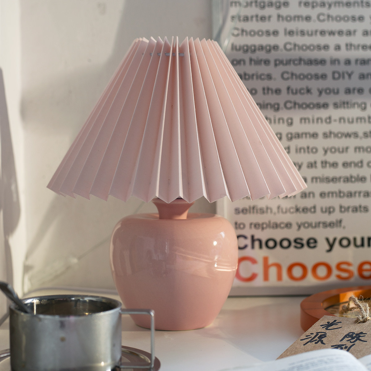 白雪公主苹果vintage复古百褶台灯布艺灯罩陶瓷床头装饰台灯