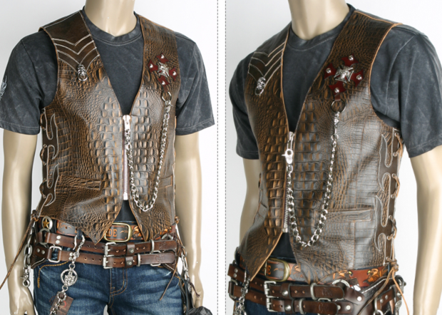 新品驼色个性复古牛皮压花鳄鱼男士哈雷印第背心