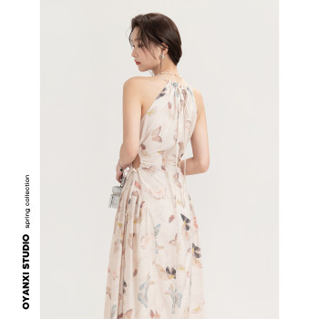 Ouyang Xi <Butterfly Pink Mist> Spring Printed Halter Sling A-Line Long Skirt for Commuting, Versatile Slim Dress