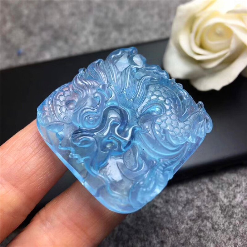 海蓝宝龙牌吊坠挂件冰糖晶海洋无事玉牌玉佩蓝宝石颈饰