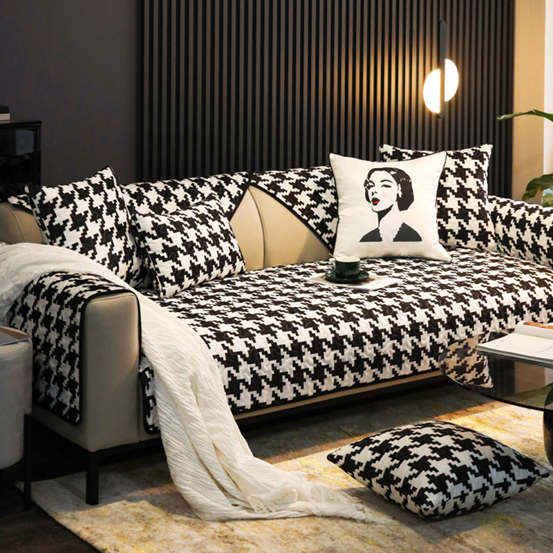 轻奢时尚雪尼尔千鸟格沙发四季通用防滑高档黑白沙发垫
