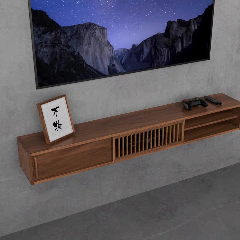 实木榆木悬挂墙上卧室电视柜壁挂客厅吊柜新中式壁饰