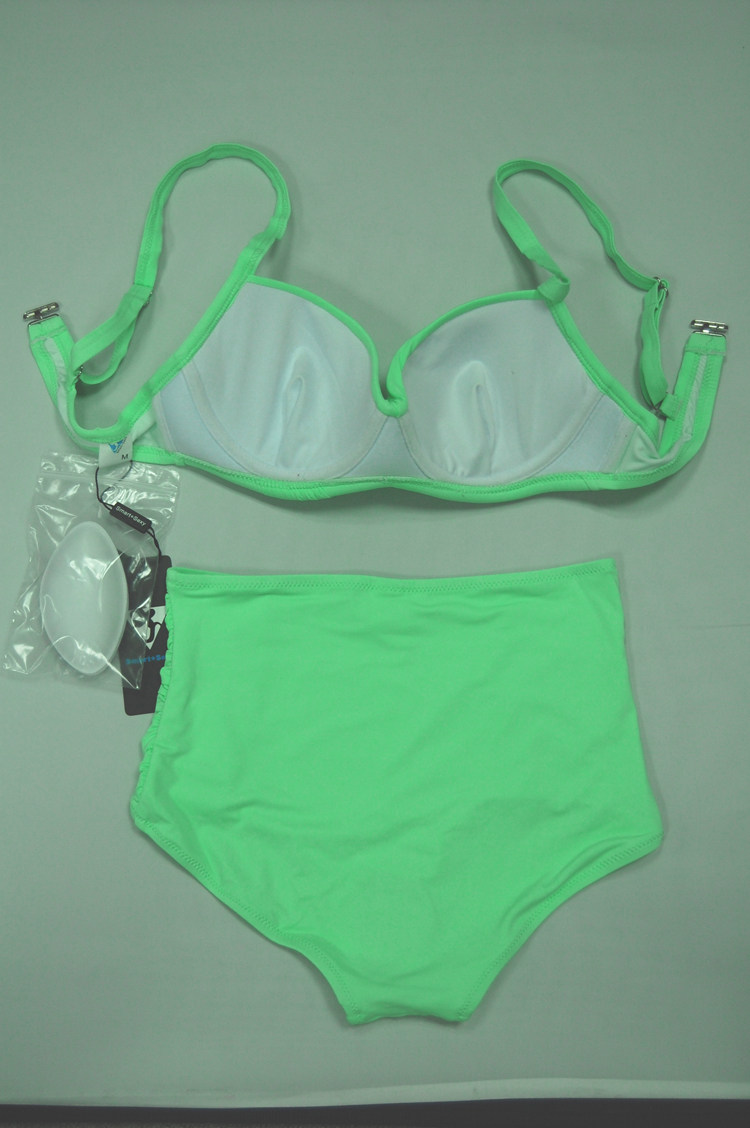 绿色聚拢钢托双肩带高腰遮肚比基尼泳衣收副bikini比基尼