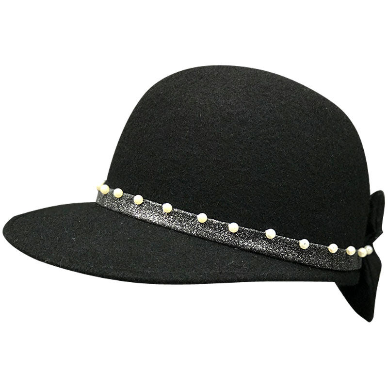 欧洲网纱珍珠蝴蝶结羊毛毛呢马术秋冬英伦复古帽子