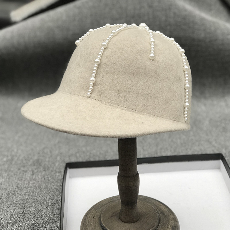 欧洲珍珠羊毛毛呢礼帽复古棒球帽优雅名媛骑士帽子