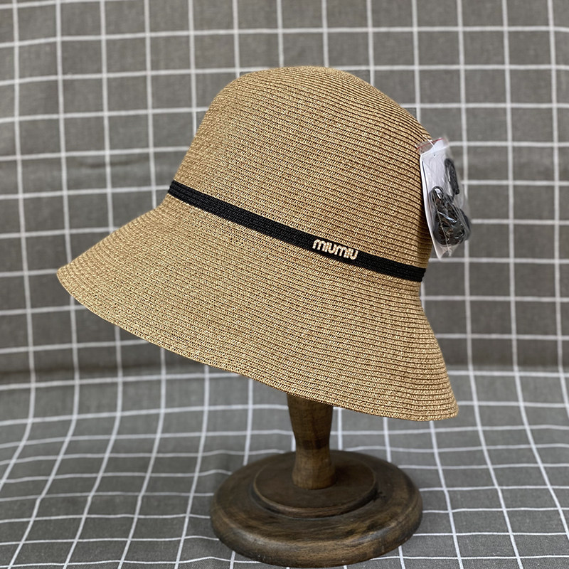 日本水钻字母可折叠草编渔夫遮阳草帽夏季防晒帽子