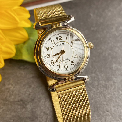 日本带回正品relic文艺乖巧复古白色底烫金镀金拼钢石英女士手表