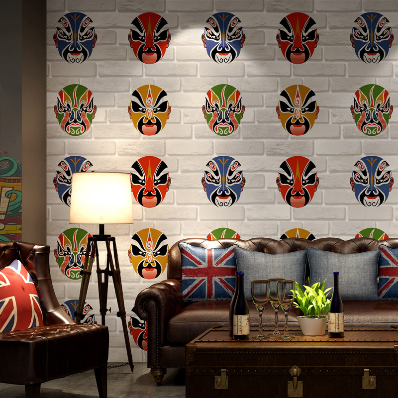 中式京剧脸谱墙纸火锅店墙面串串装修主题创意定制pvc墙纸