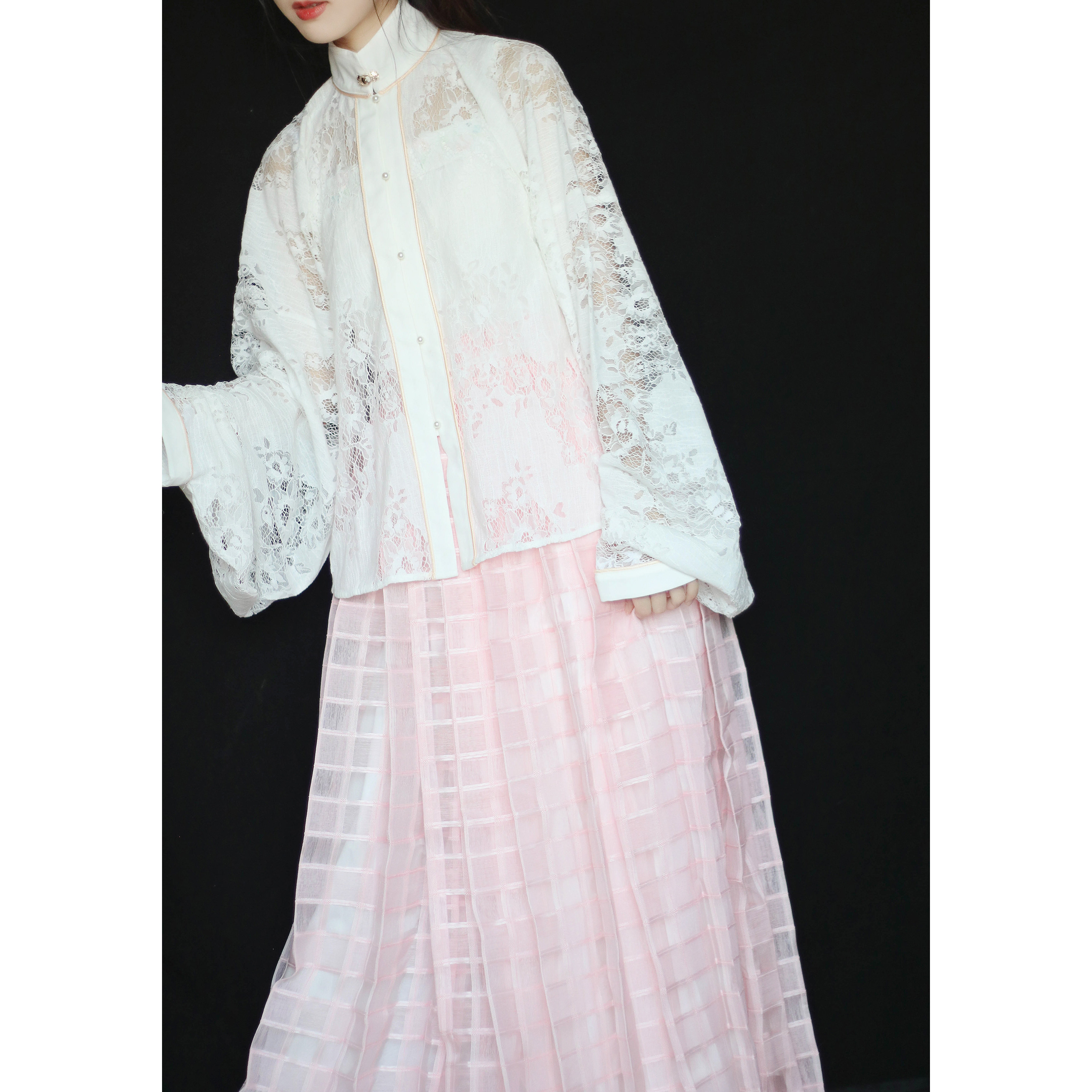 司音阁 【白公子-定金】蕾丝琵琶袖立领对襟短衫汉服