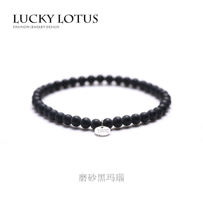 定制luckylotus巴西黑玛瑙黑曜石蓝砂石纯银小吊坠手链男女款包邮