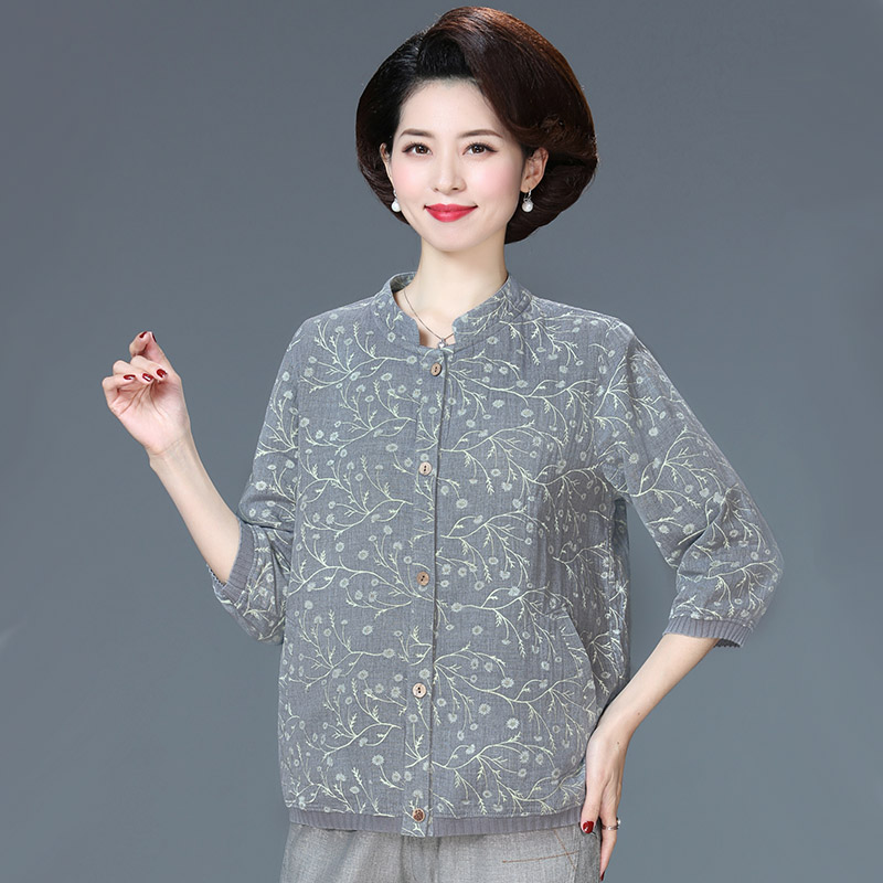 妈妈高贵春夏中老年人小衫上衣奶奶短款纯棉衬衫中老年女装