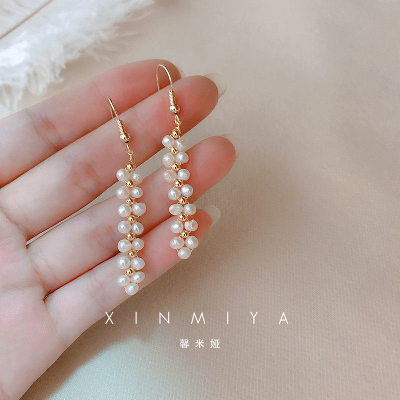 纯银手工串珠长条淡水珍珠耳环简约包金绕线耳环