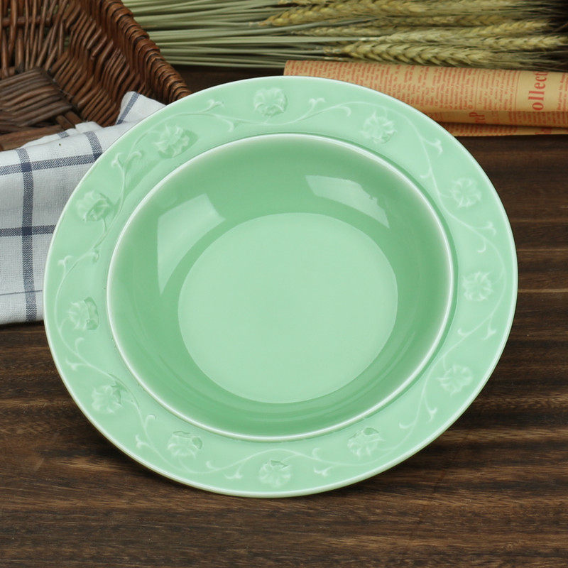 龙泉青瓷西式星级饭店盖翅盘带10寸汤盘带圆形盘子陶瓷盘