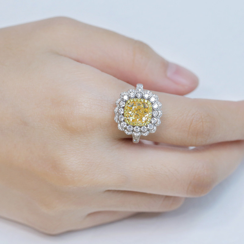 钻博士 gia2克拉枕形黄钻戒指吊坠两用款女钻石天然浓彩黄定制