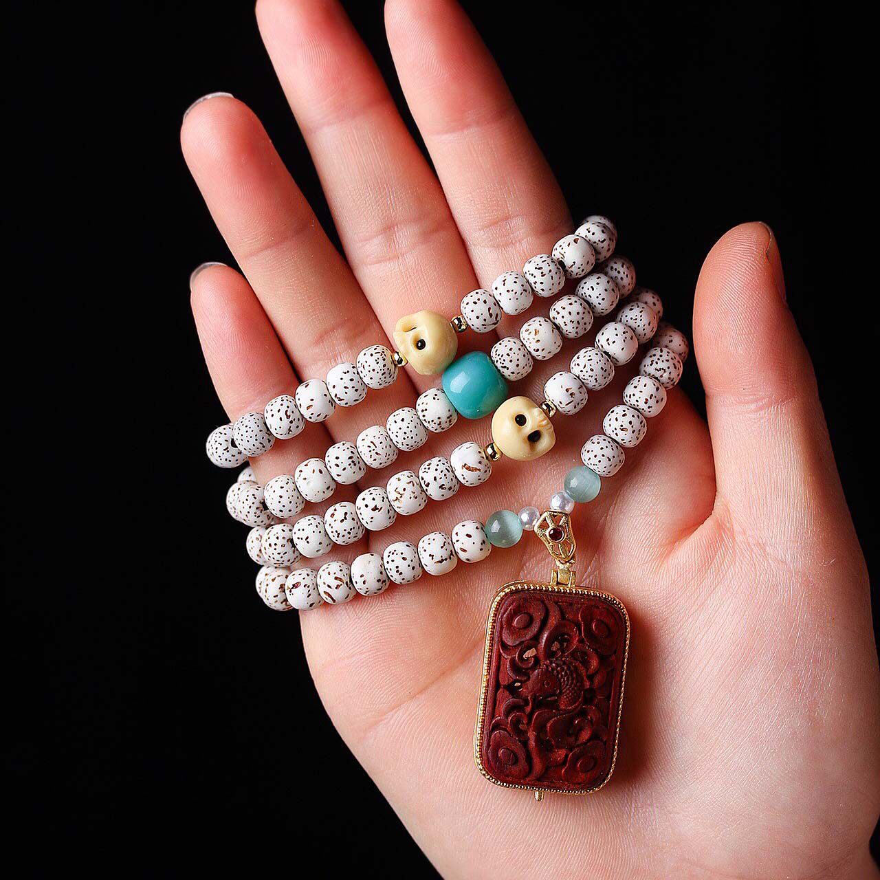 星月菩提7mm108颗配金膏玉创意文玩佛珠手串小众木质珠串