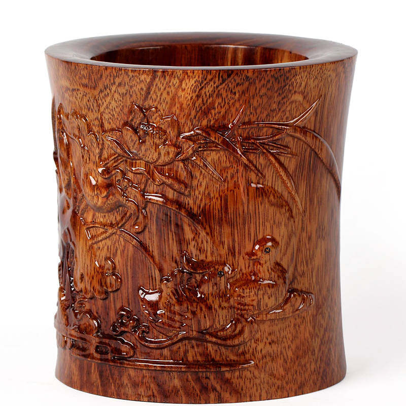 笔筒浮雕鸳鸯戏水实木红木雕刻工艺品摆件木制木雕