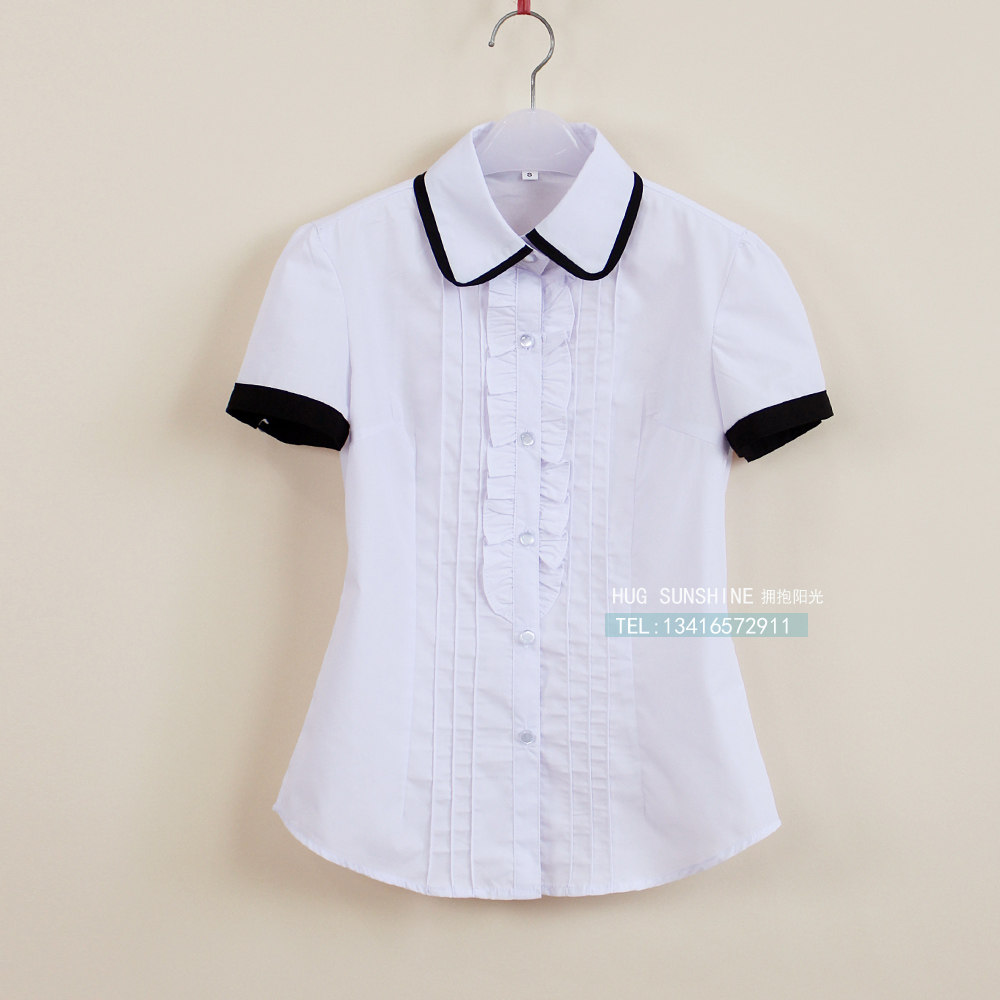 衬衫修身显瘦短袖白色衬衣校服班服演出服花边衬衫