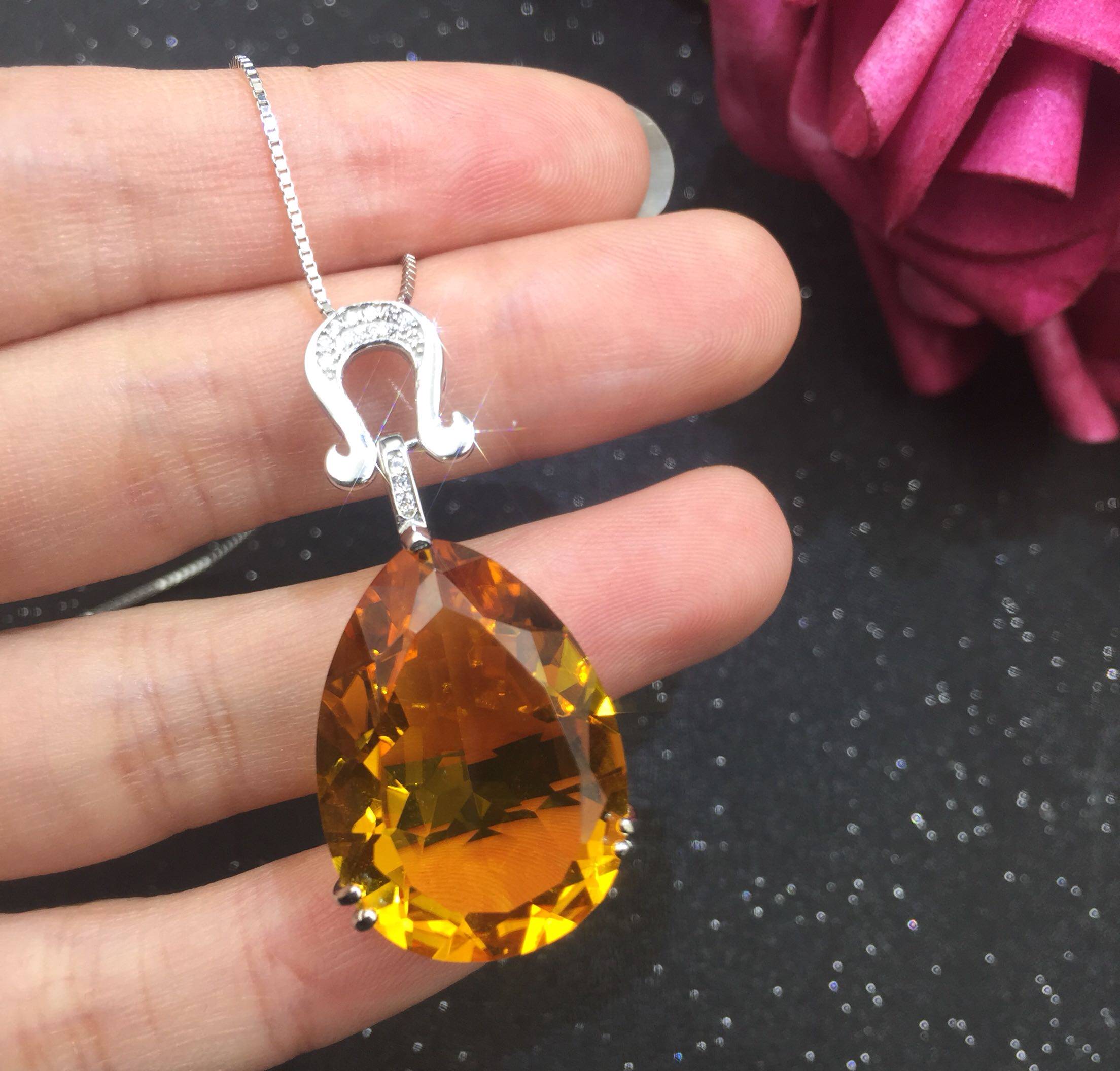 黄色水晶纯银镶嵌黄水晶水滴吊坠项链锁骨链女颈饰