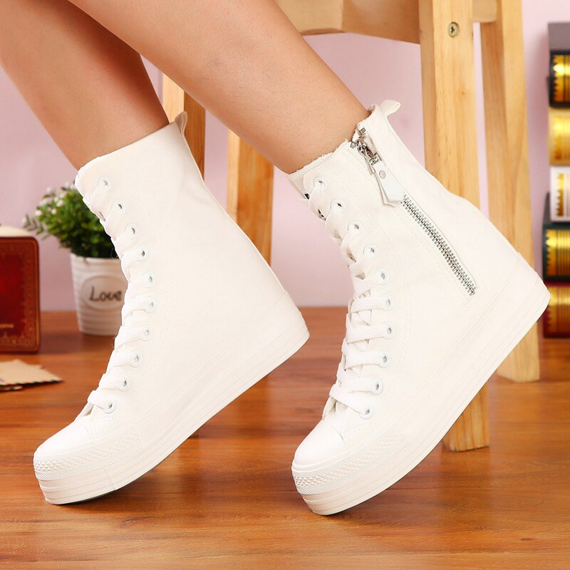 春款高帮帆布靴女网红单鞋潮拉链女鞋松糕布鞋帆布鞋