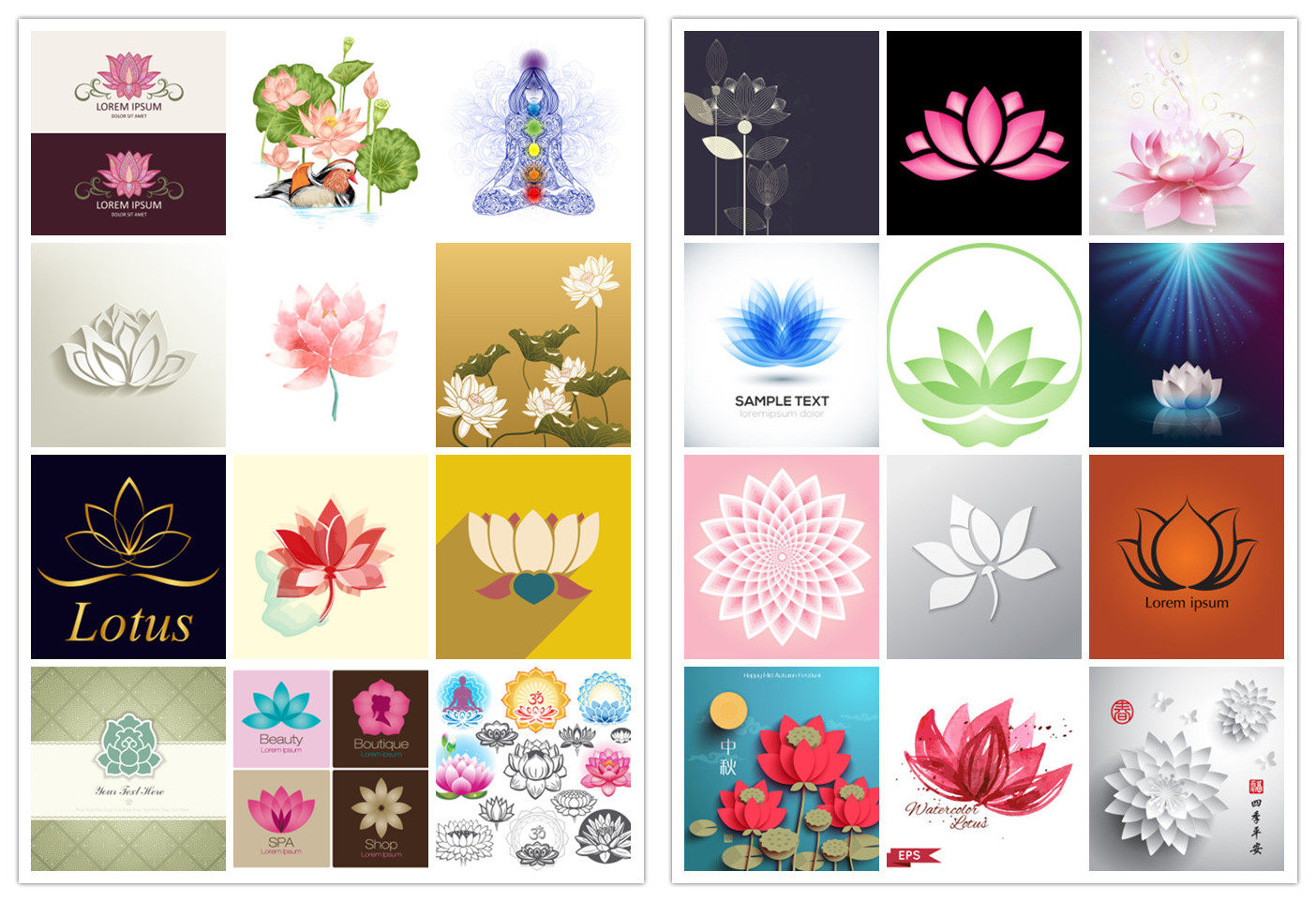 aieps矢量素材25个手绘水彩线描立体剪纸莲花设计素材