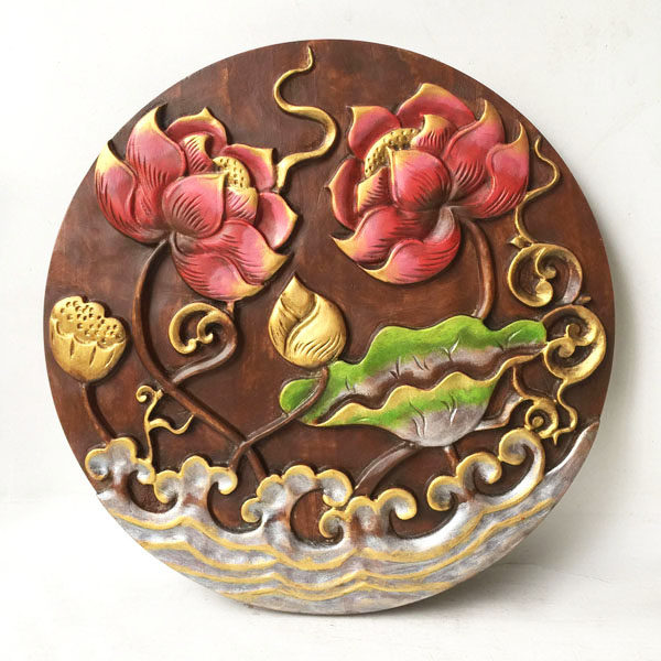 荷花特惠包邮东南亚家居装饰圆形木雕泰国风情浮雕壁饰