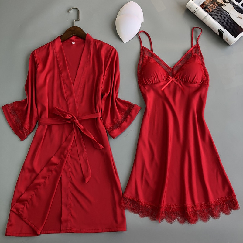 性感睡衣女夏吊带睡裙两件套冰丝带胸垫蕾丝睡袍短袖薄家居服套装