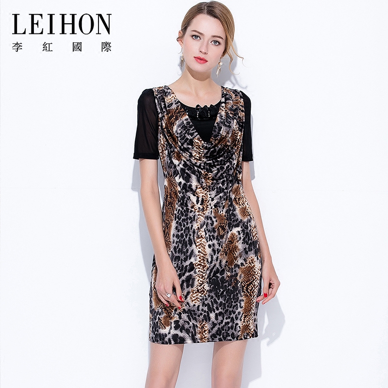 售罄leihon李红国际夏季时尚大码经典豹纹短袖连衣裙