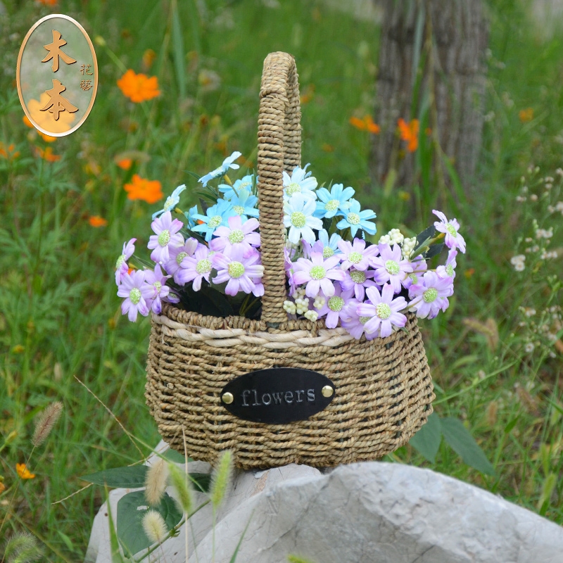韩国新款篮子草编花篮手工编织插花花藤手提花篮