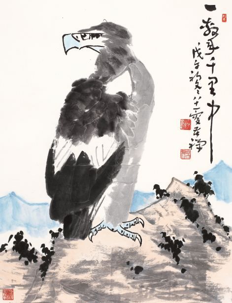 名画装饰画李苦禅鹰图50x65厘米水墨画花鸟画中国画名人国画