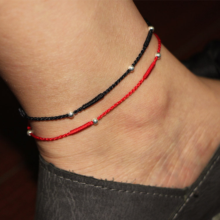 手工编织情侣脚链手链纯银细红手脚绳diy男女脚链