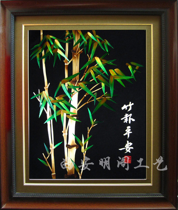 民间特色手工艺麦秆画挂画麦草镜框竹报平安绿色家居家居装饰其他特色