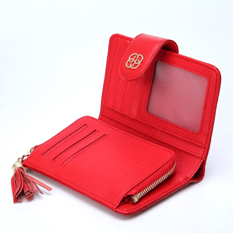 红谷钱包女新款菱格小香风流苏头层牛皮百搭拉链短款简约小钱夹