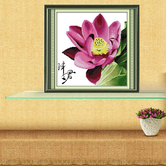 印花十字绣荷花简约现代花卉新款客厅卧室书房小幅十字绣套件