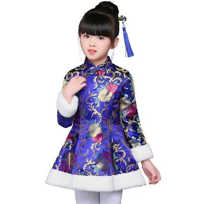 儿童旗袍长袖加厚女童中国风礼服宝宝过年衣服唐装小女孩公主裙冬