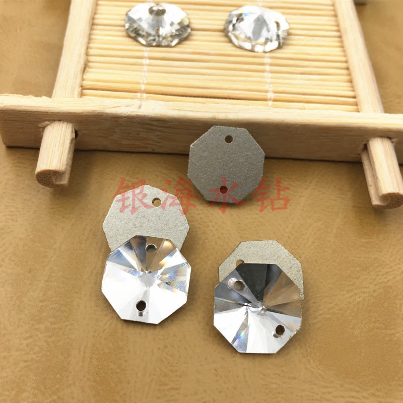 平底尖面圆八角双孔石 水晶玻璃手缝钻透明手缝石婚