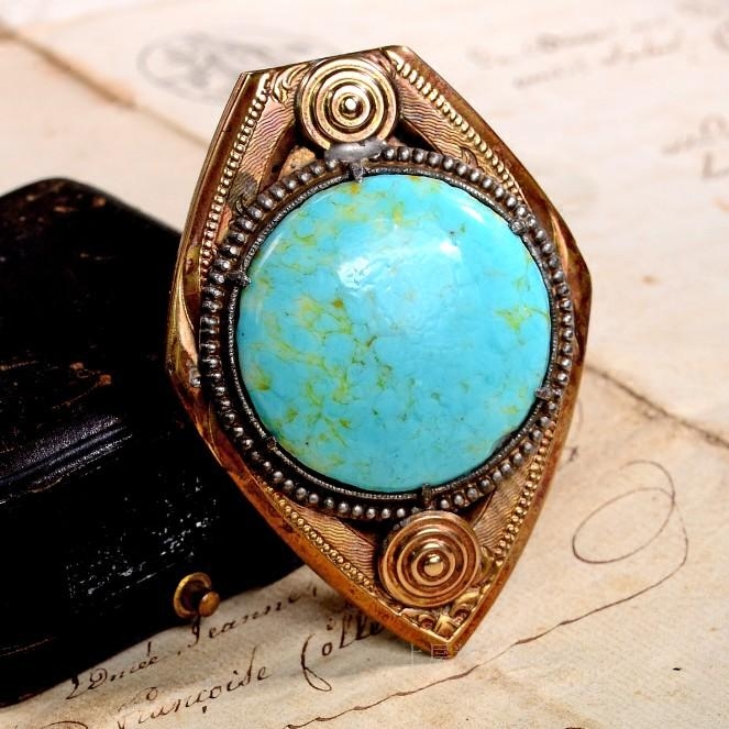 上层精灵灵的庭院19世纪格鲁吉亚老黄黄铜绿松琉璃胸针