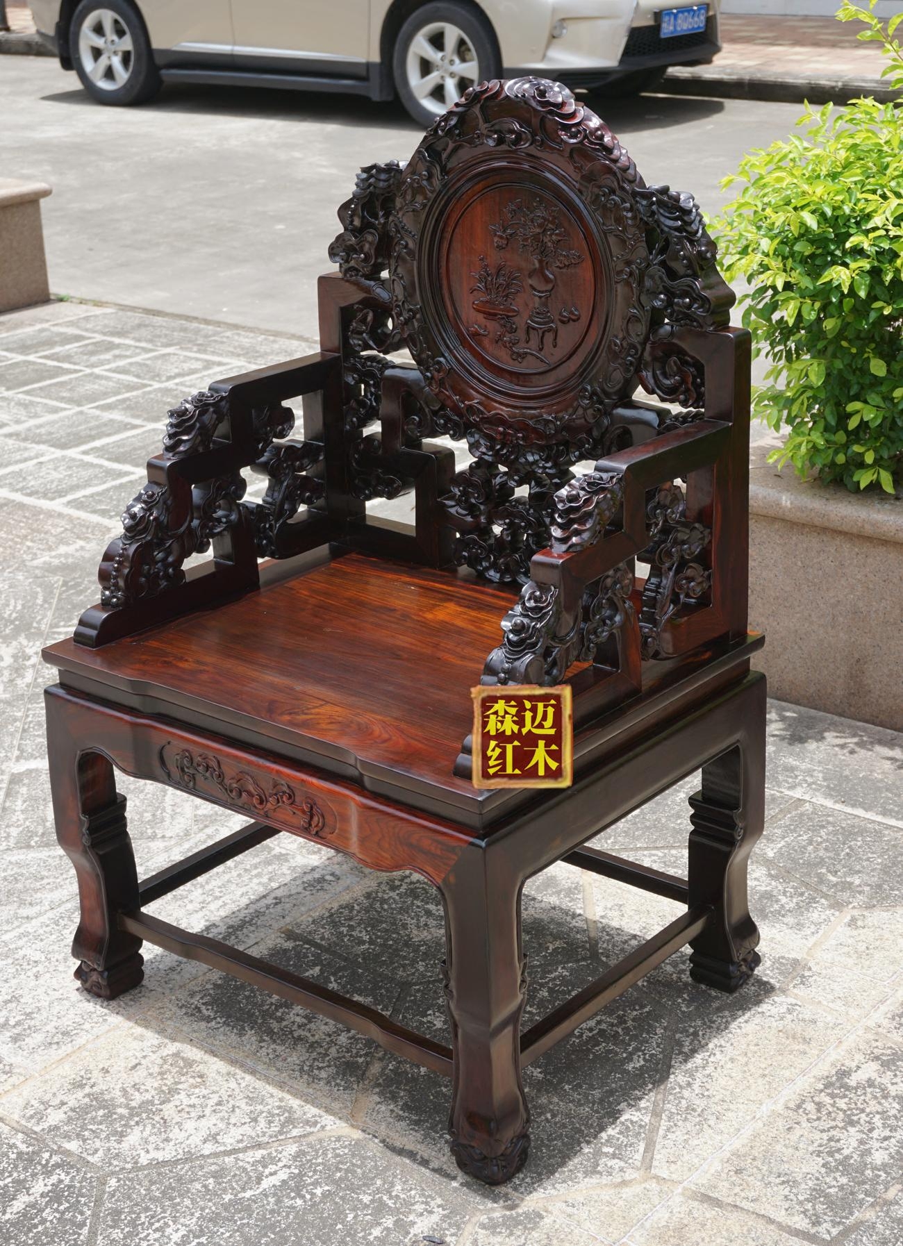 老挝大红酸枝红木太师椅三件件套交趾黄檀皇宫圈椅