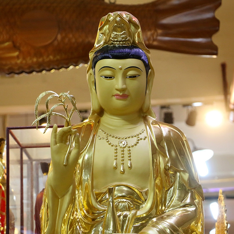 寺庙佛堂大型佛像观世音菩萨纯铜贴金观音金童玉女摆件