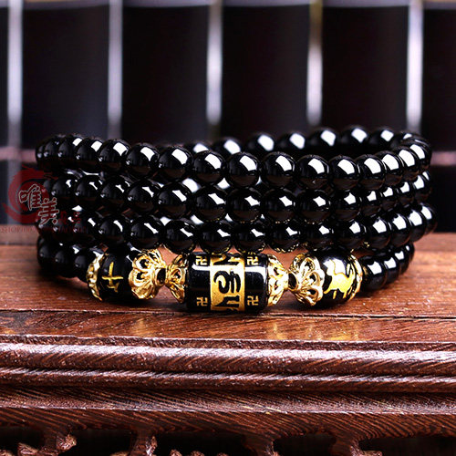 天然黑曜石手链108佛珠多层圈生肖好运手串男女本命年佛念珠鼠虎
