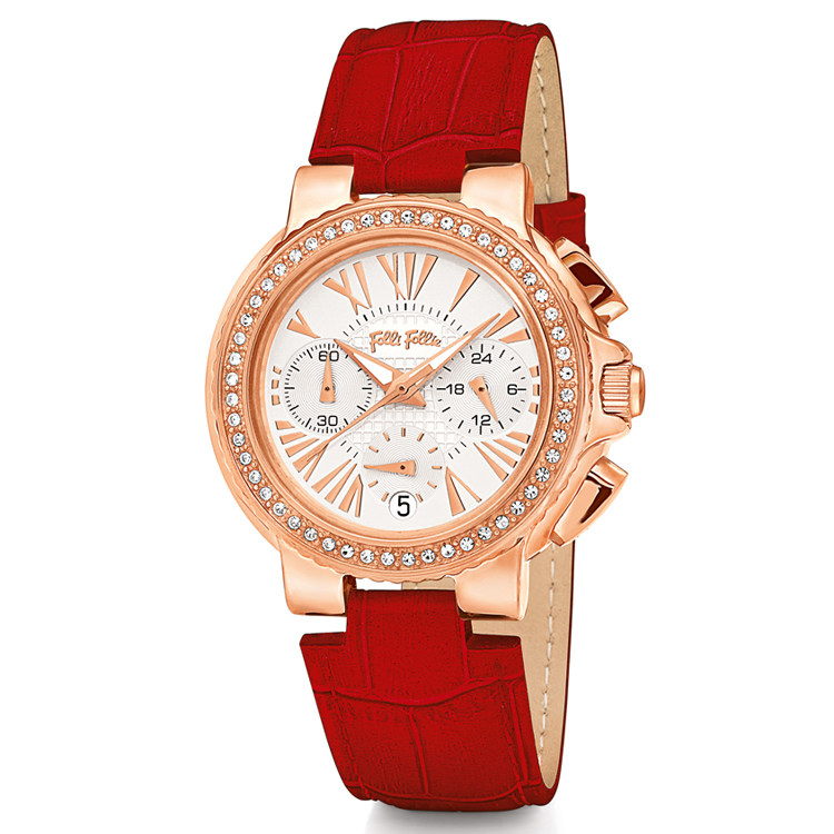 现货follifollie手表香榭晶钻玫瑰金三眼三眼计时国产腕表