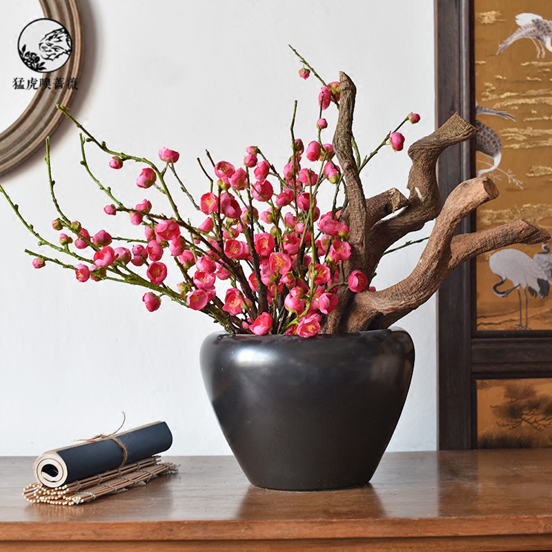 新中式禅意仿真梅花花艺盆栽花瓶摆件样板房室内仿真花