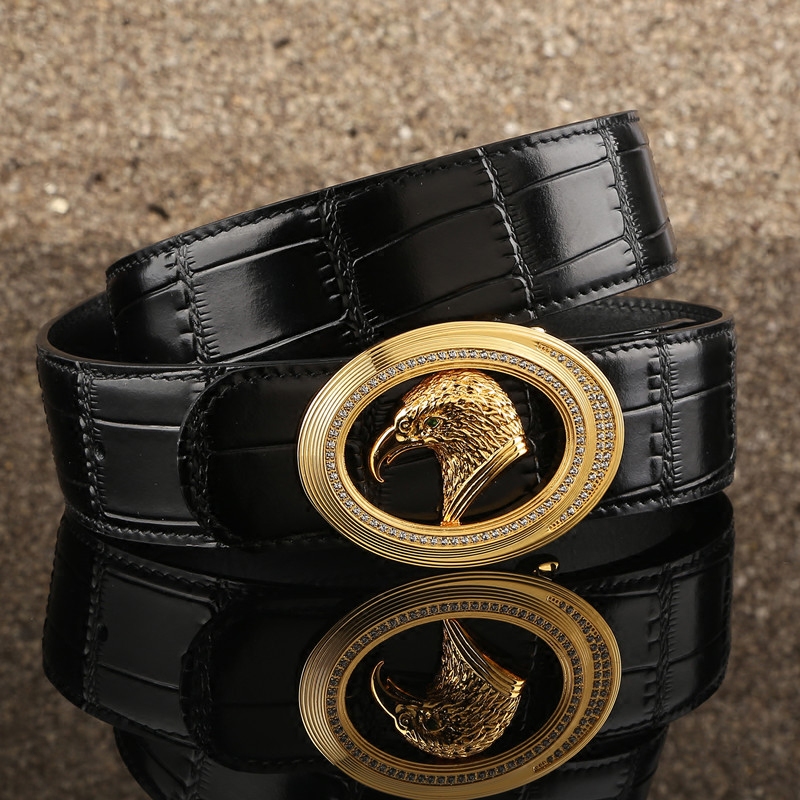 新款24k黄金皮带男士镀金平滑蓝色牛皮鳄鱼腰带